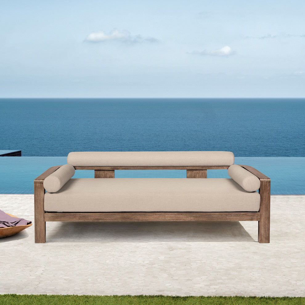Relic Outdoor Patio Sofa, Weathered Eucalyptus Wood With Taupe Olefin Cushions