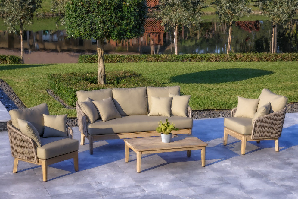 Eve 4-Piece Patio and Backyard Wood, Aluminum and Rope Conversation Set, Gray