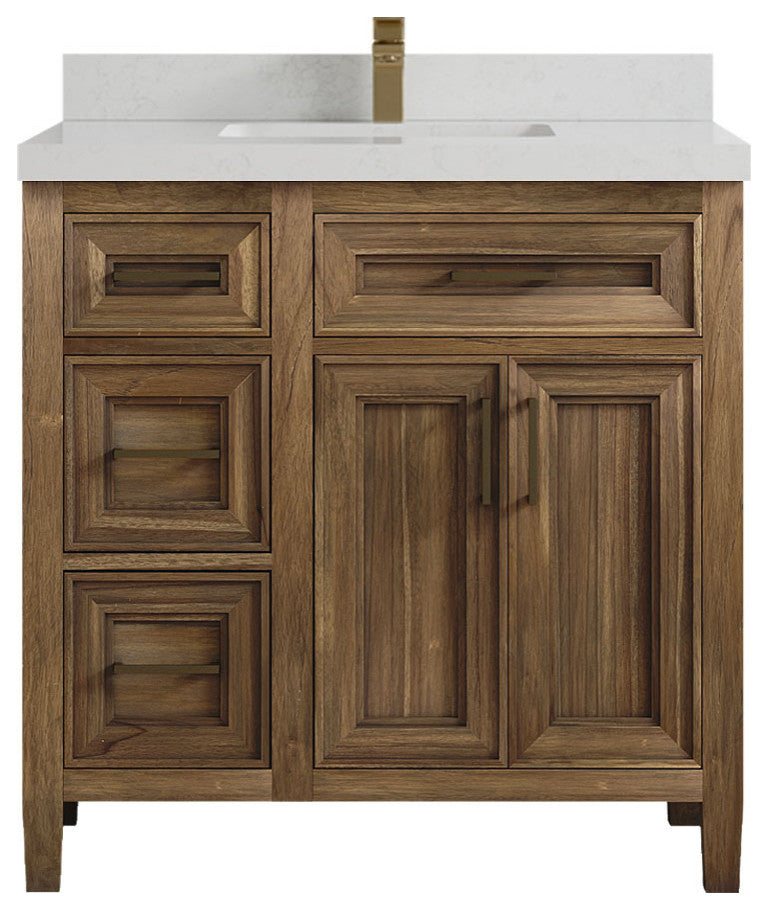 Santa Monica 36 Center Sink Bath Vanity in Graywashed Teak 2" Carrara Quartz