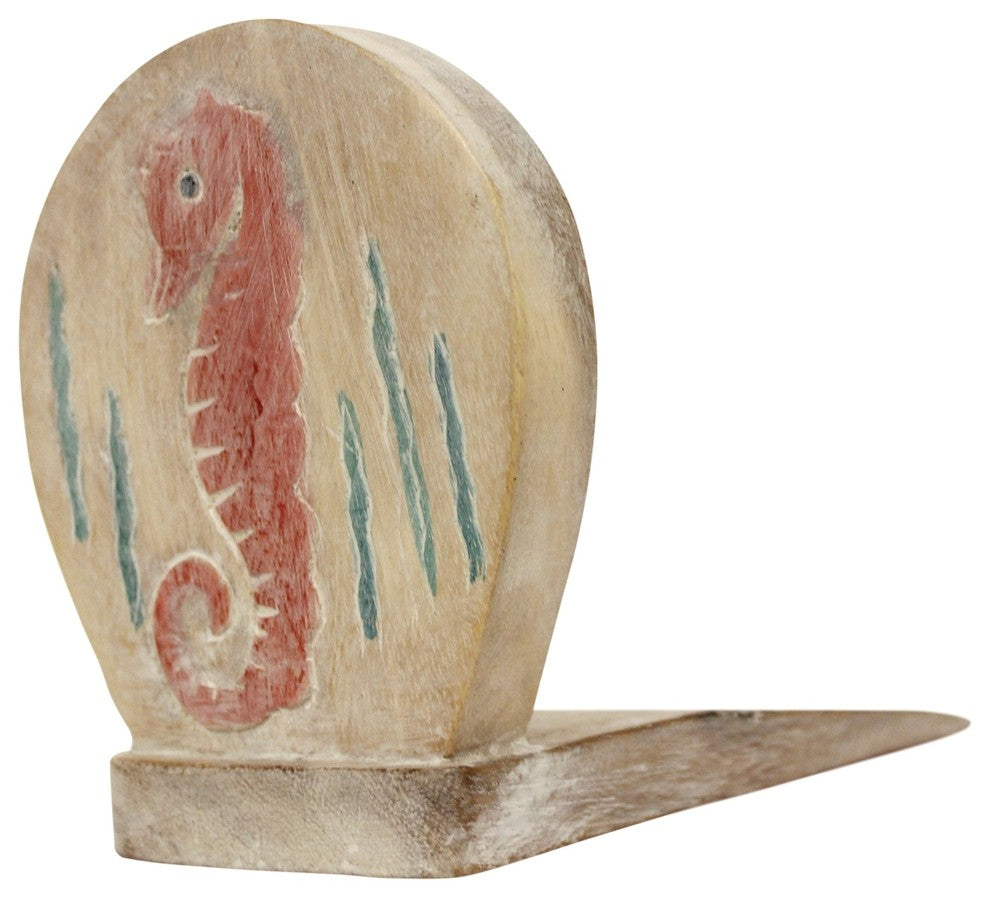 Coastal Coral Seahorse Door Stop Carved Wood Whitewashed