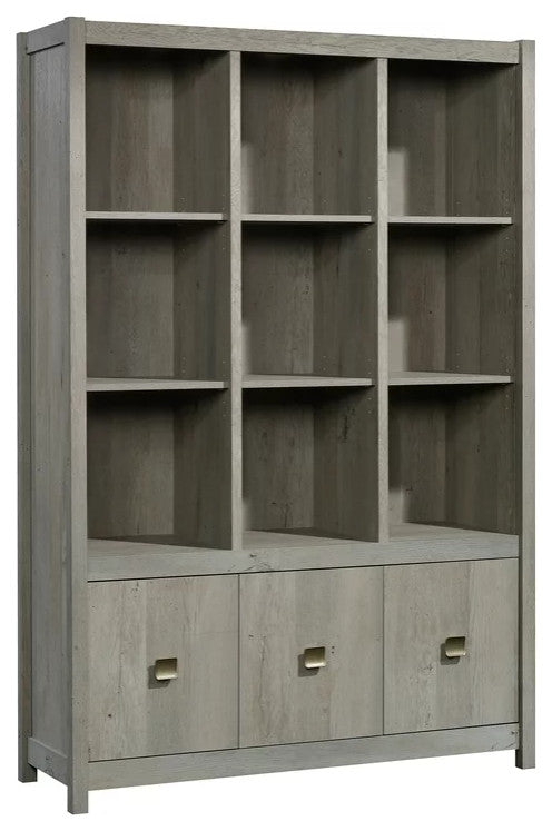 Modern Bookcase, Adjustable Shelves & Lower Cabinet With Pull Handles, Gray Oak