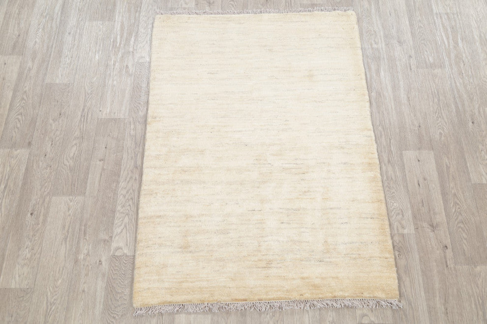 Gabbeh Solid Distressed Modern Hand-Knotted Persian Area Rug, Beige, 4'11"x3'6