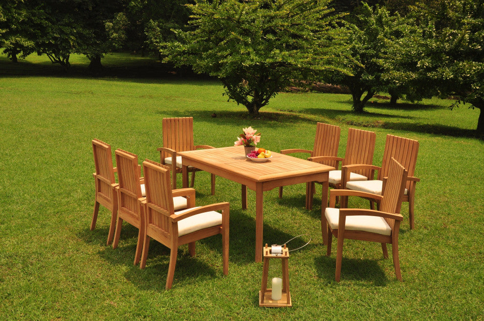 9-Piece Outdoor Teak Dining Set: 60" Rectangle Table,8 Goa Stacking Arm Chairs