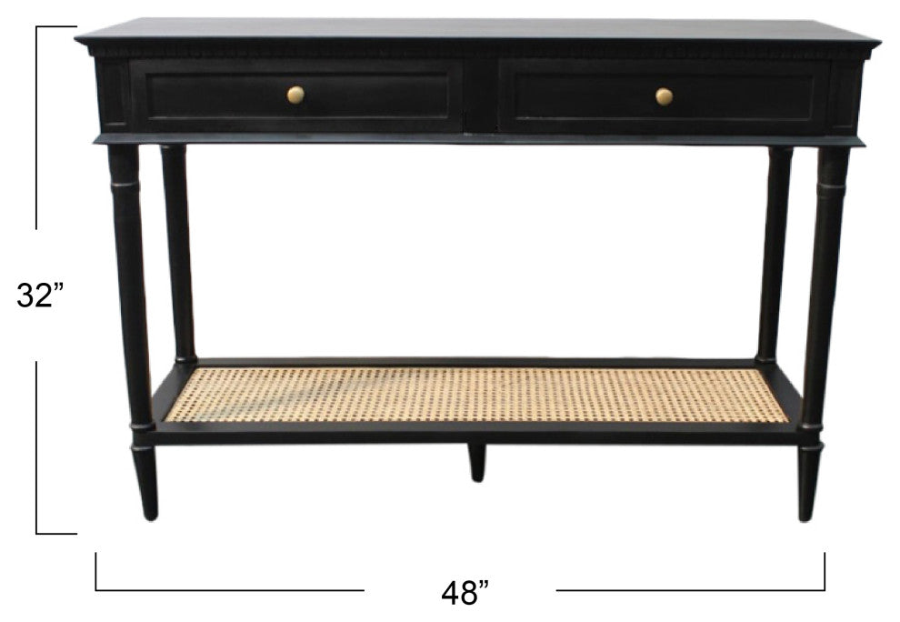 Maxwelton Solid Wood Console Table With 2 Drawers and Woven Cane Storage Shelf, Black
