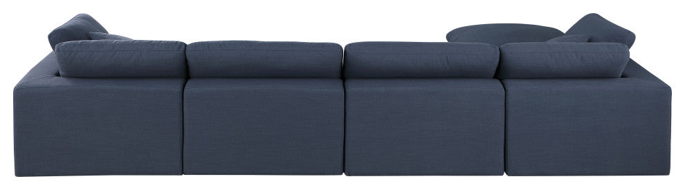 Comfy Upholstered L-Shaped Modular Sectional, Navy, 5-Piece: 2 Armless Chair, 2 Corner Chair, 1 Ottoman, Linen Textured Fabric
