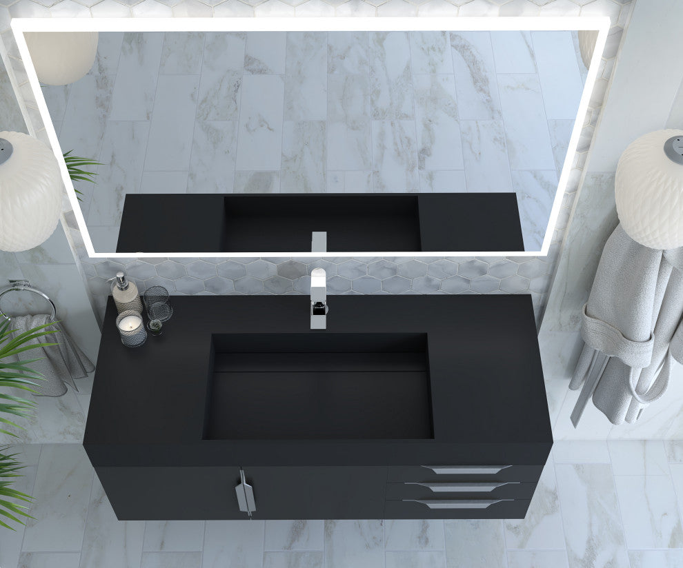 CastelloUSA Amazon 48" Wall Mounted Vanity Set, Black, Black Top, Brushed Nickel