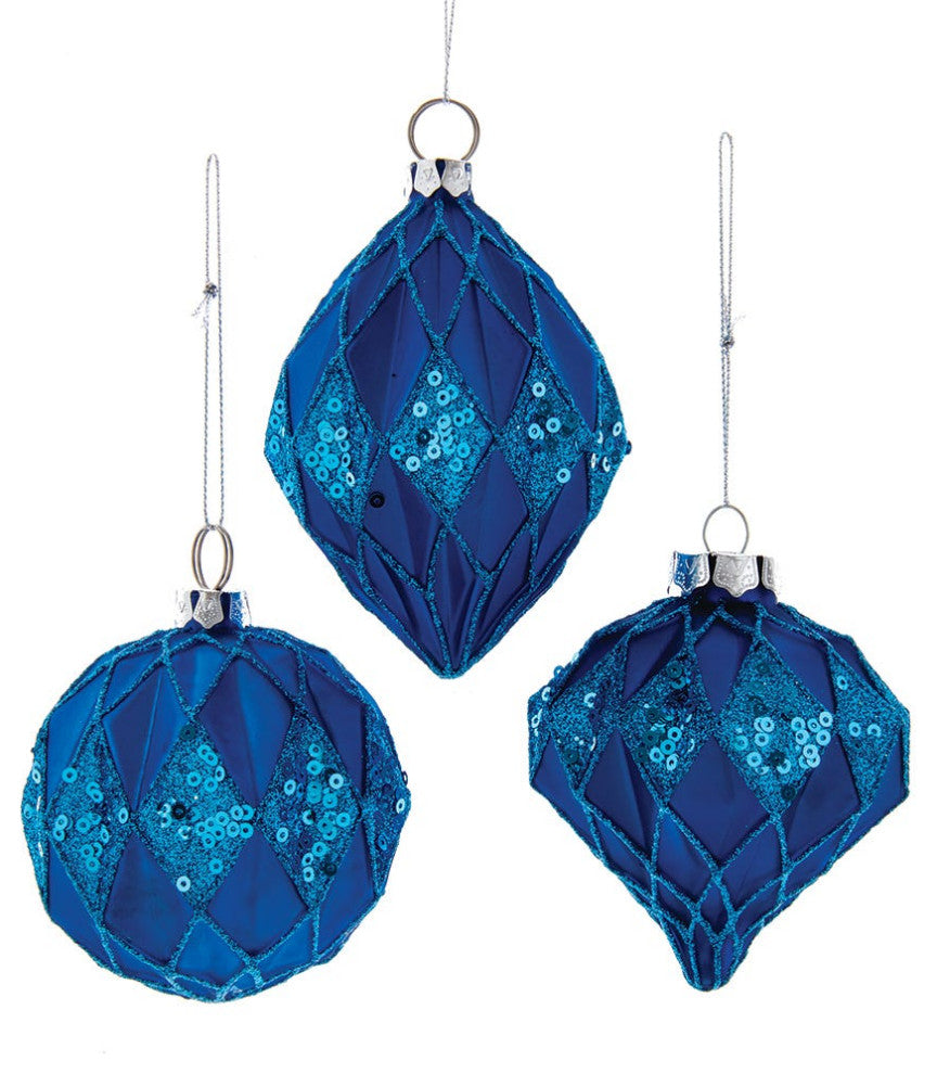 Kurt Adler 80MM Glittered, Sequin Blue Ball, Finial and Onion, 3 Piece Set
