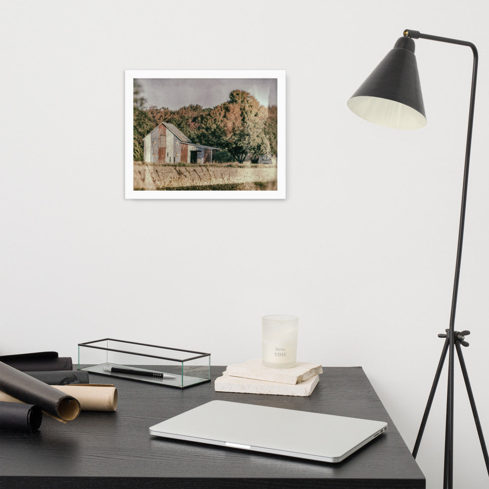 Patriotic Weathered Barn in Field Glass Plate Framed Photo Paper Wall Art Prints, White, 11" X 14"