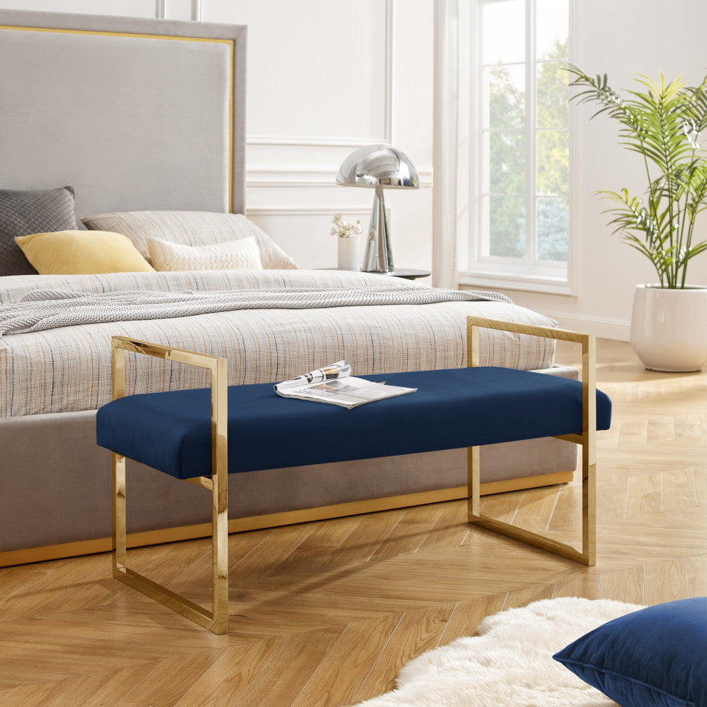 Inspired Home Maddyn Bench,Upholstered, Velvet Navy/Gold