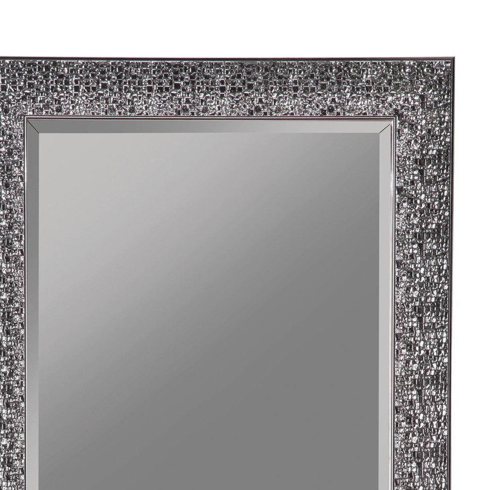 Rectangular Beveled Accent Floor Mirror with Glitter Mosaic Pattern, Gray