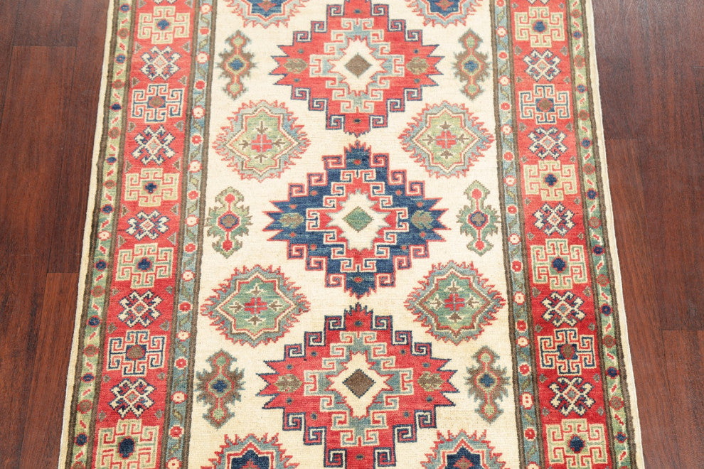 Kazak Oriental Traditional Hand Made Area Rug Pakistani, Beige, 4'9"x3'4