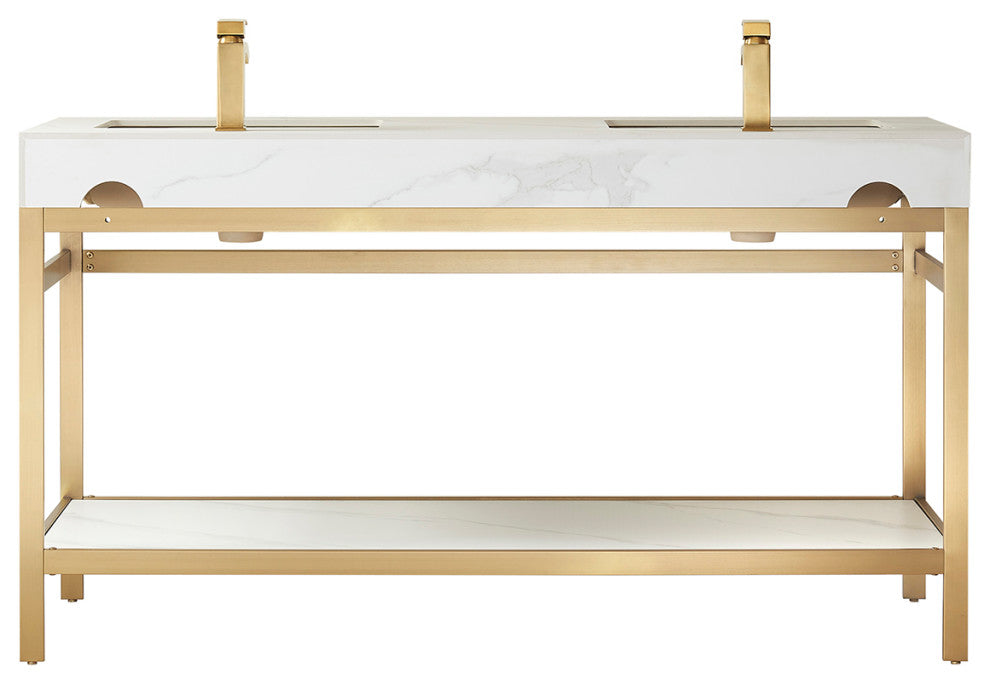 Funes Bath Vanity without Mirror, Brushed Gold Hardware, 60" Double Sink, White Stone Top