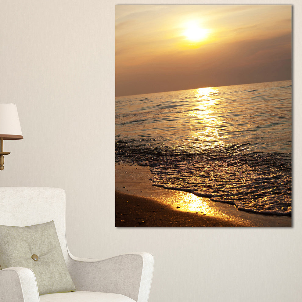 "Gloomy Beach And Waters At Sunset" Modern Beach Canvas Art Print, 16"x32"