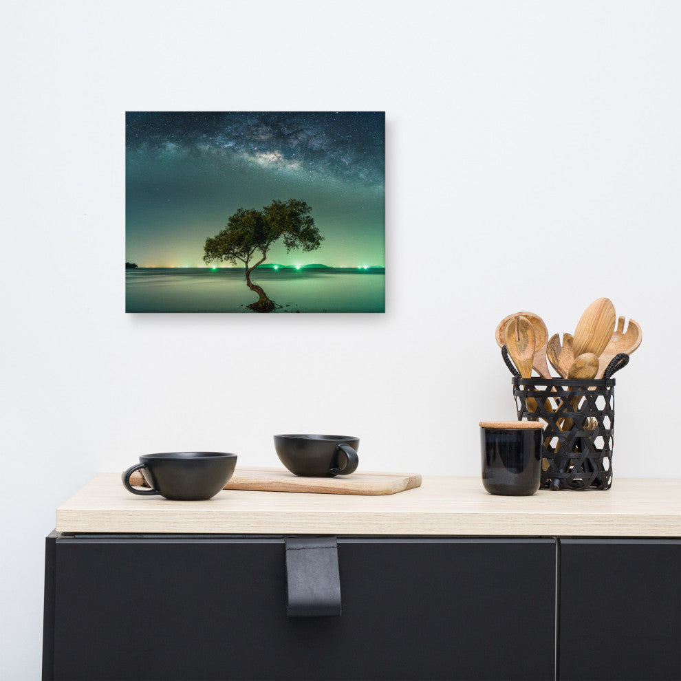 Glowing Milky Way Galaxy with Tree Canvas Wall Art Prints, 12" X 16"