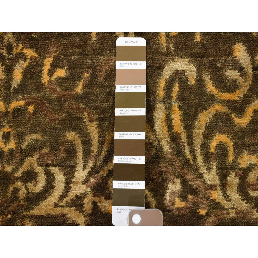 Brown, Modern Damask Hand Knotted, Wool and Silk Wide Runner Rug, 4'8"x18'2"