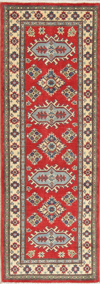 Traditional Kazak Oriental Hand-Knotted Pakistani Runner Rug, Red, 6'1"X2'1"