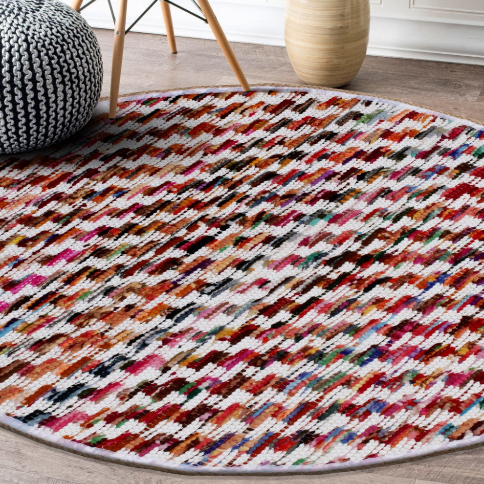 6" Round White Braided Chindi Area Rug