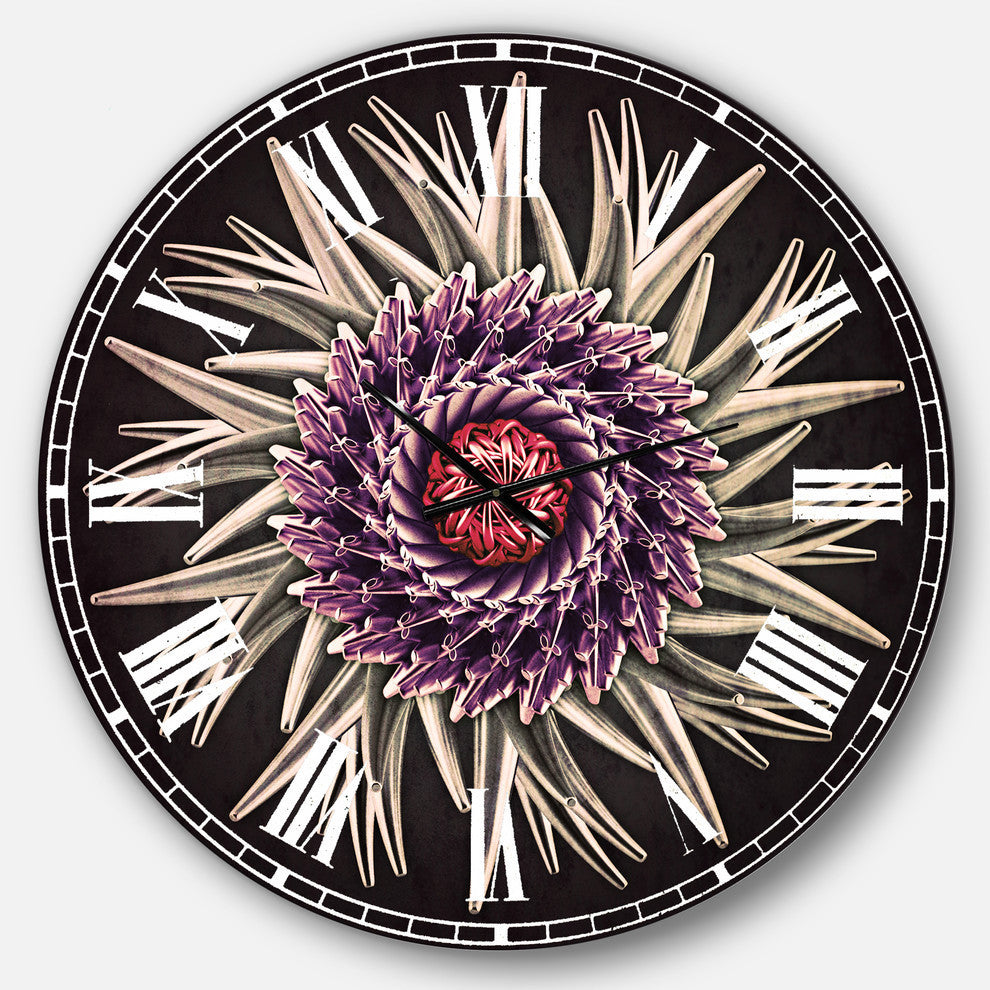 Purple Abstract 3D Flower On Black Flowers Metal Clock, 36x36