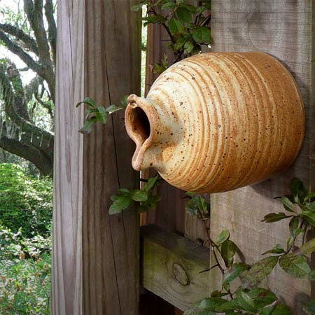 American Stoneware Pottery 'Peekaboo' Wall Mounted Bird Bottle, Butternut