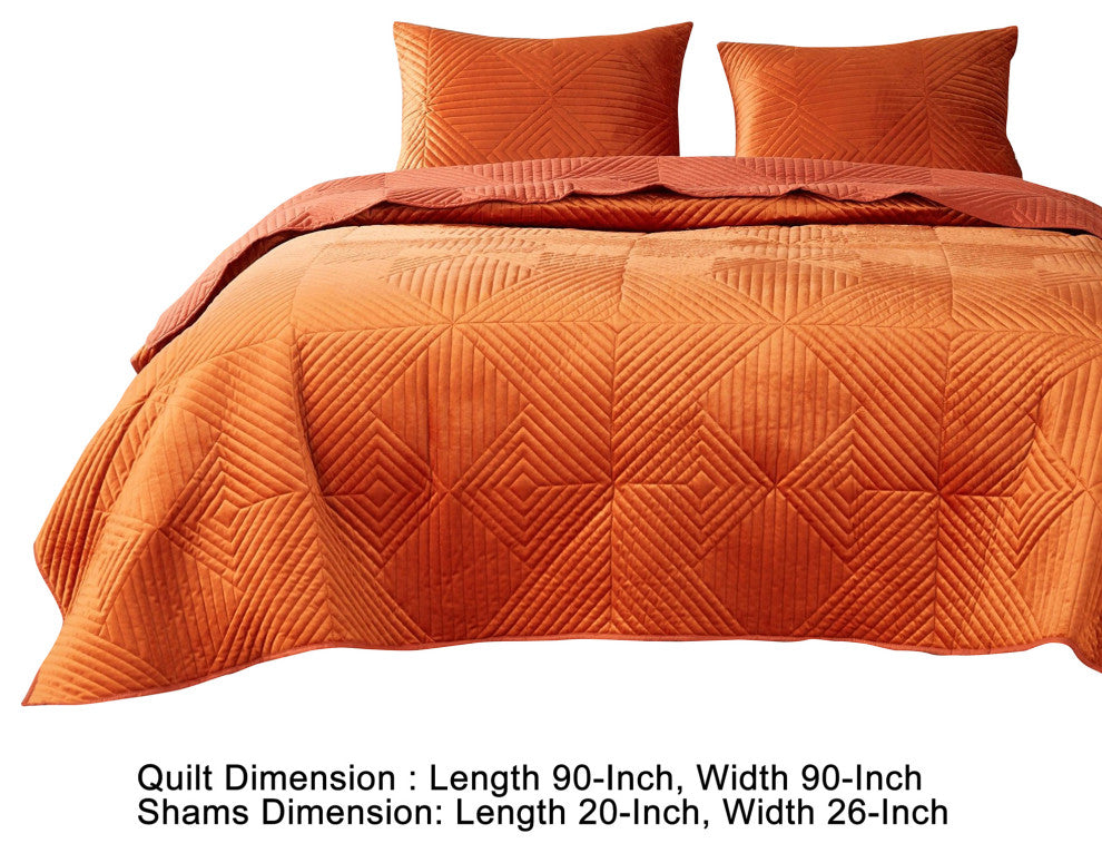 Benzara BM280412 3 Piece Velvet Full Quilt Set, Diamond Quilting Design, Orange