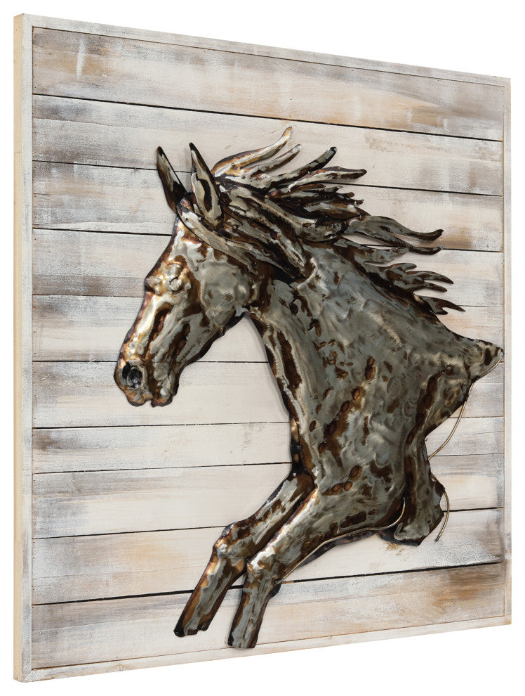 "Golden Horse" Metallic Hand Painted Wall Art on Rugged Wooden Blocks Wall 32x32