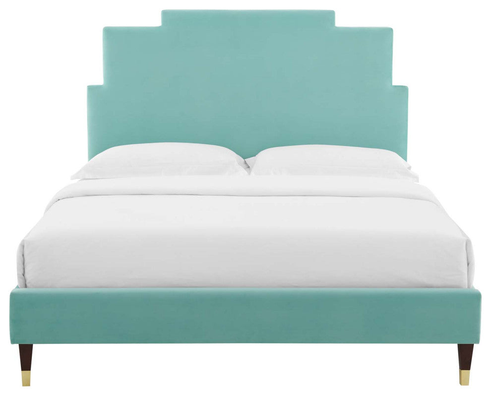 Platform Bed Frame, King Size, Velvet, Blue, Modern Contemporary, Bedroom Master