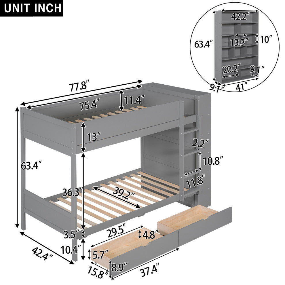 Gewnee Twin over Twin Bunk Bed With 2 Drawers and Multi-layer Cabinet