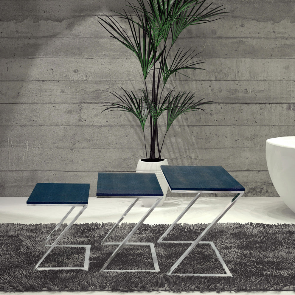 Black on Blue Metallic Shagreen Leather Set of 3 Nesting Z Base Tables