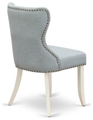 Set Of 2, Parson Dining Chairs, Linen White Solid Wood Structure, Baby Blue Seat
