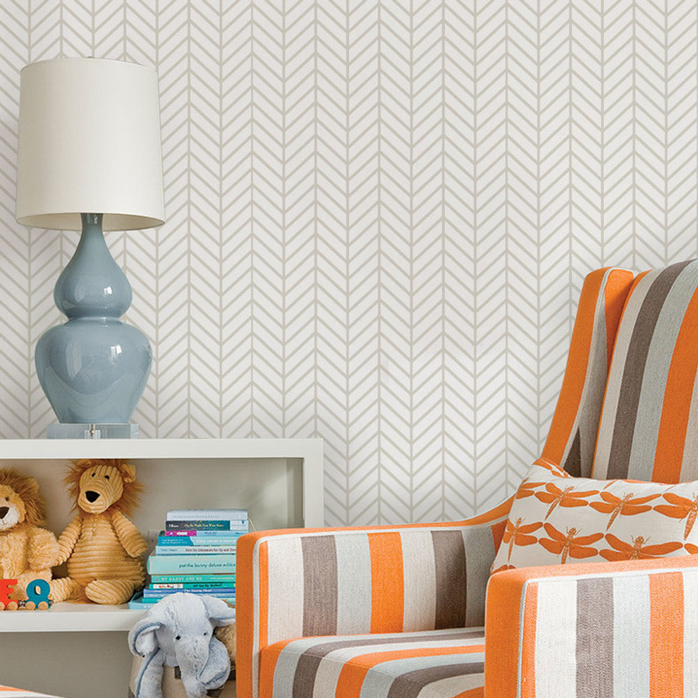 Herringbone Line Peel and Stick Vinyl Wallpaper , Beige, 24"w X 60"h
