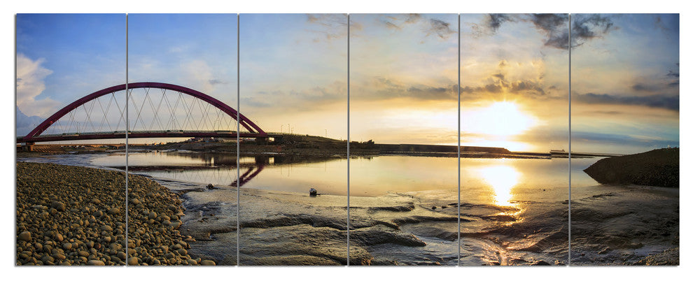 Bridge Sunset Panorama, Seashore Wall Art on Canvas, 70"x28", 6 Panels