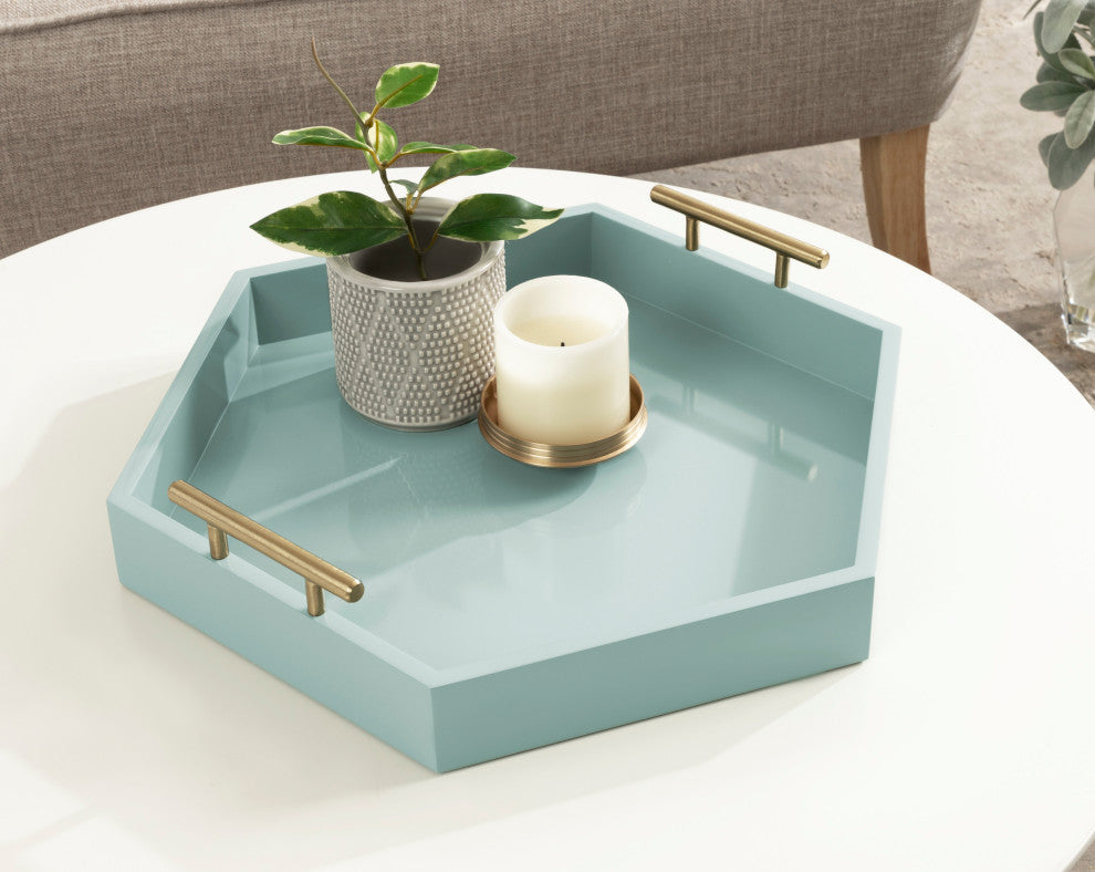 Lipton Hexagon Decorative Tray With Metal Handles, Blue, 18x18