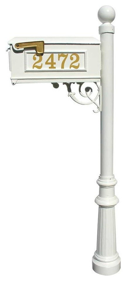 Mailbox Post System-Decorative Fluted Base-Gold Vinyl Personalized Number, White
