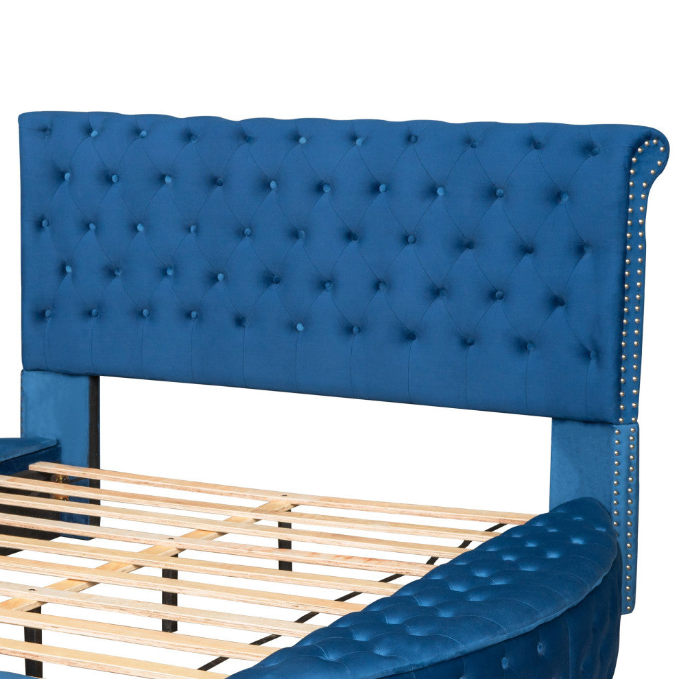Full/Queen Upholstered Frame Platform Bed with Storage on Both Sides, Blue, Full