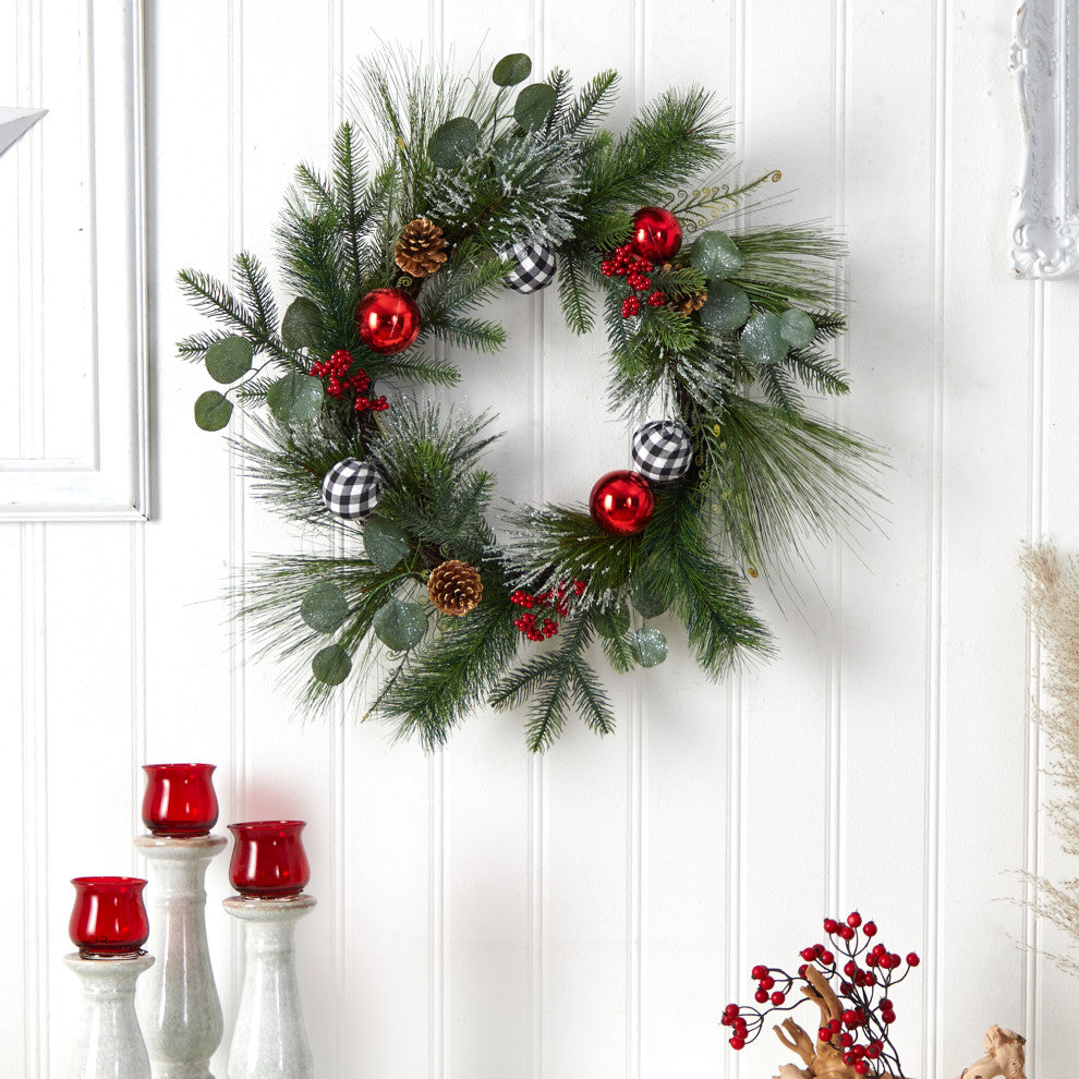 W1270 24 Berry and Pinecone Artificial Christmas Wreath With Ornaments