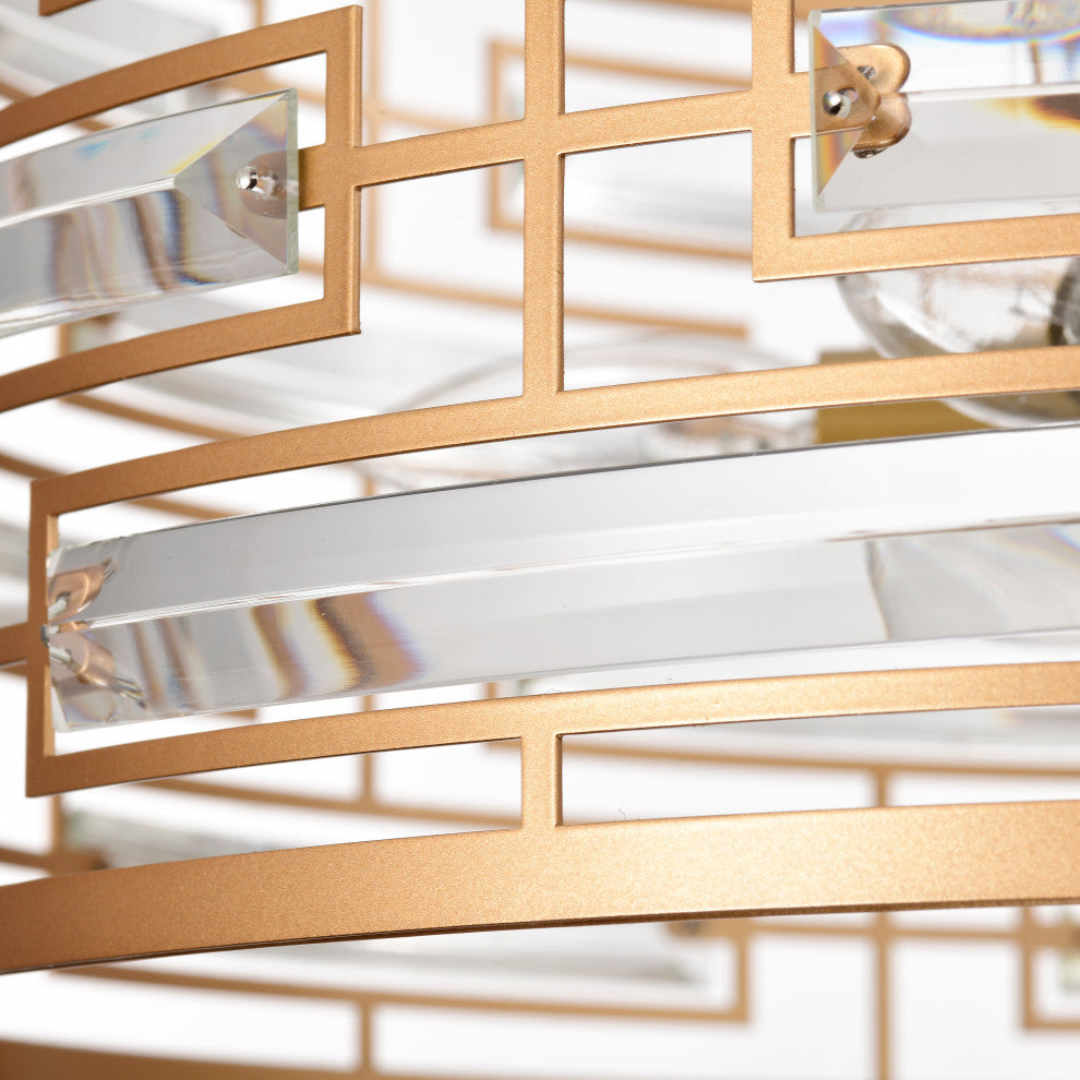 Sue Drum Shade Chandelier With Clear Glass Crystal Prism 6-light, Glossy Brassï¼Œ