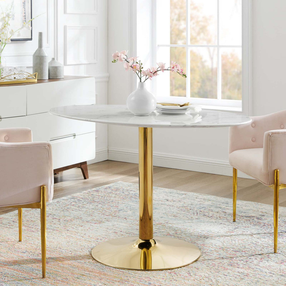 48" Dining Table, Oval, White Gold, Artificial Marble, Modern, Mid Century