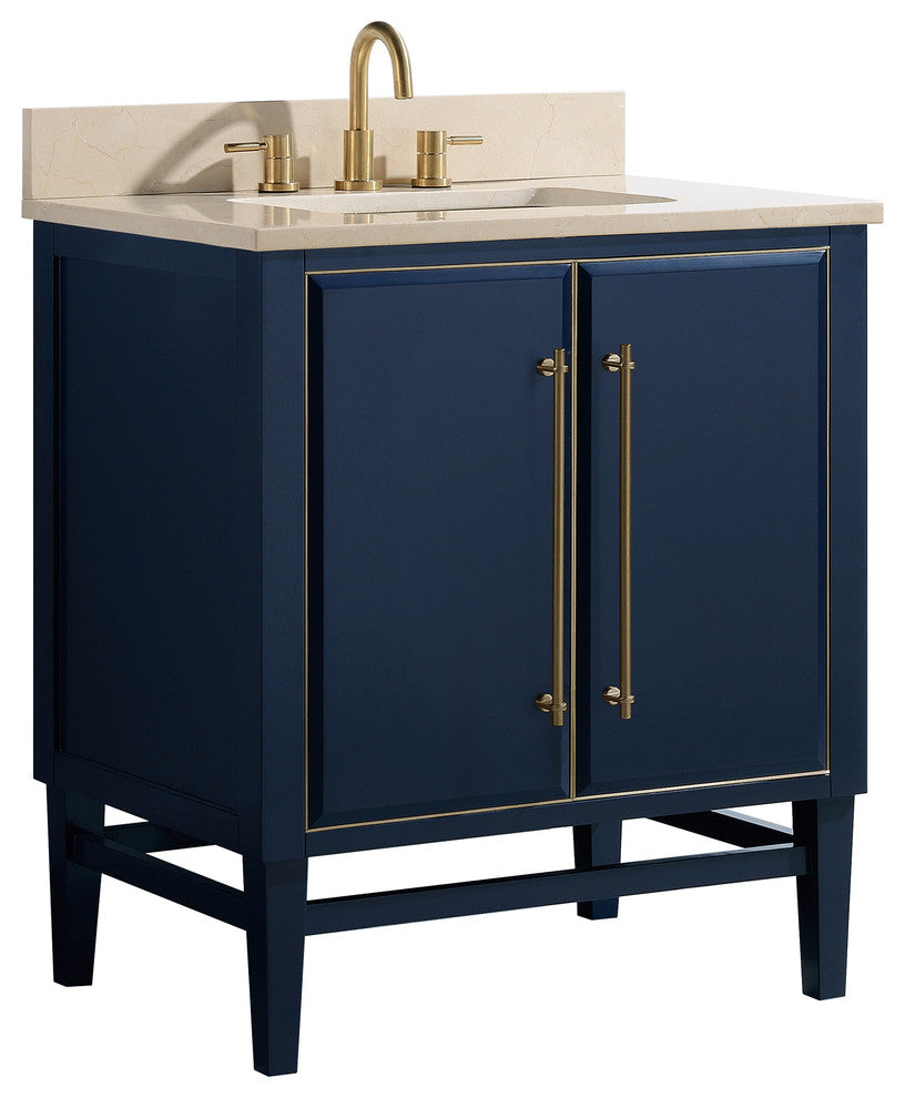 Mason 31" Vanity Combo, Navy Blue, Matte Gold Hardware / Natural 1" Crema Marfil Marble Countertop and Backsplash