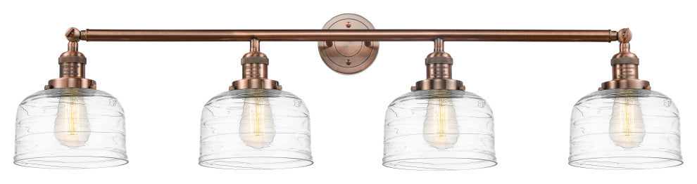 Large Bell 4 Light Bath Vanity Light, Antique Copper, Clear Deco Swirl