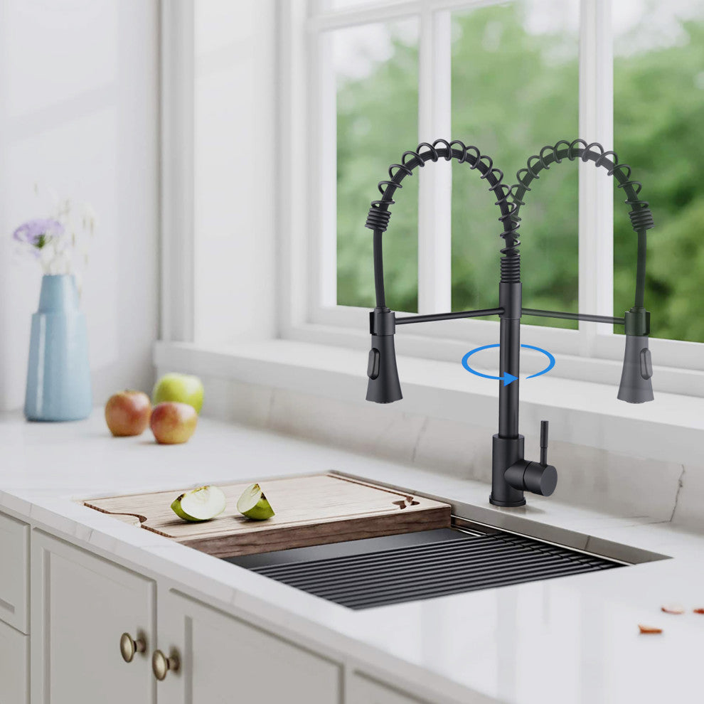 Single Handle Deck Mounted Spring Neck Pull Down Kitchen Faucet with Sprayer, Ma