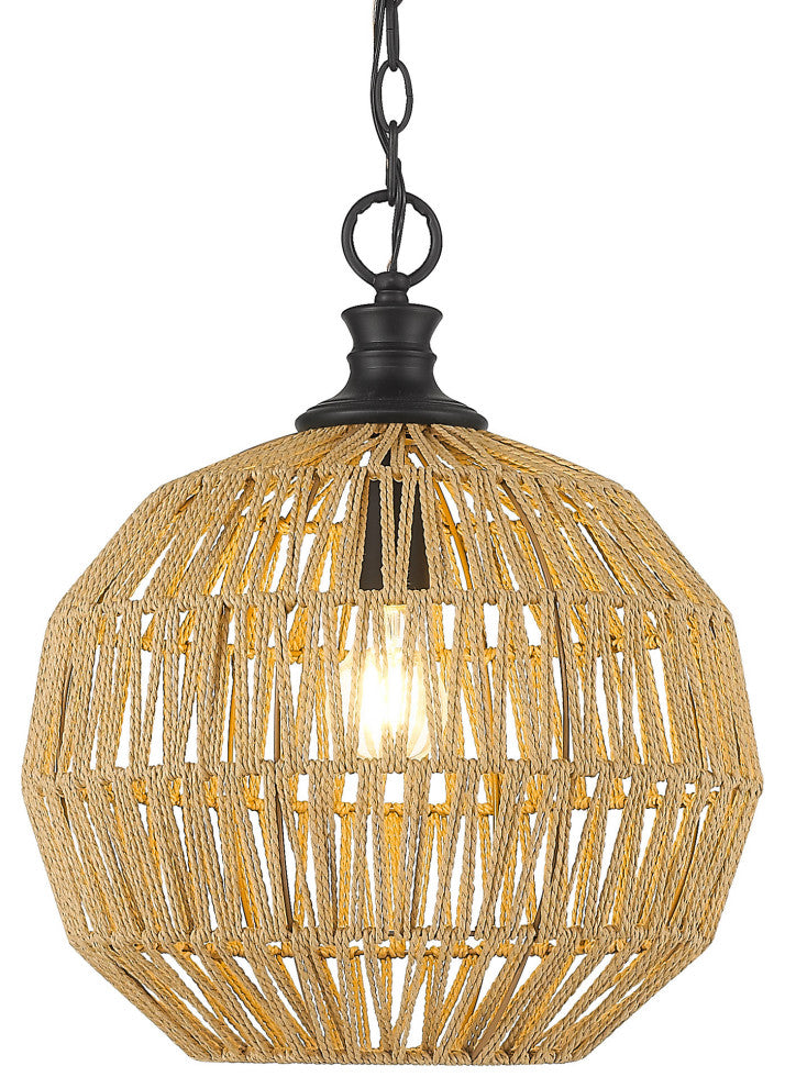 Golden Lighting 6933-M Florence 14"W Pendant - Matte Black / Natural Raphia