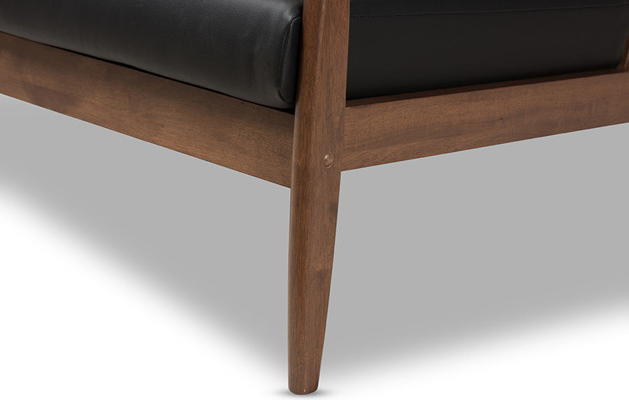 Venza Mid-Century Modern Walnut Wood Black Faux Leather 3-Piece Livingroom Set