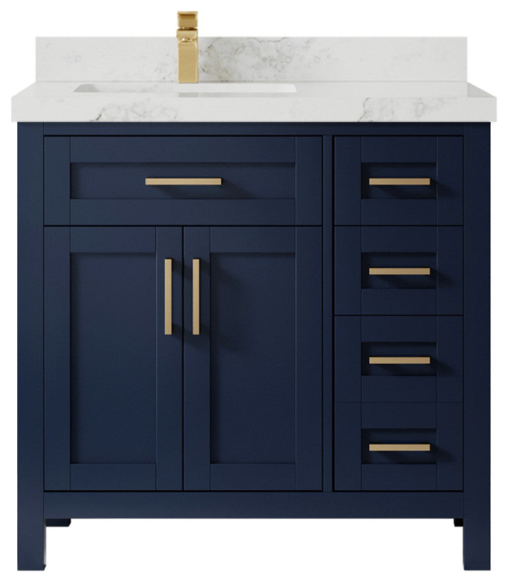 Cambridge 36 Left Offset Bath Vanity in Hale Navy Blue 2" Calacatta Nuvo