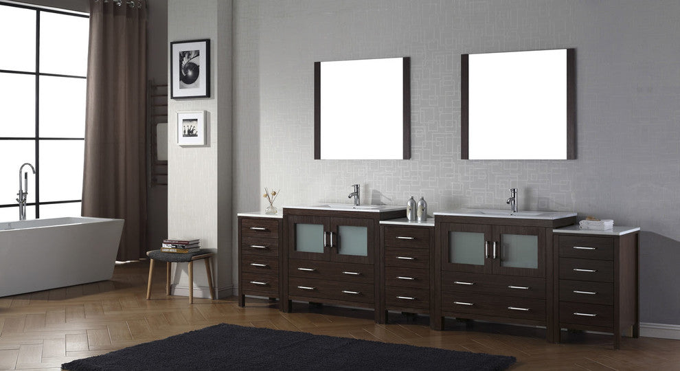 Virtu Dior 126" Double Bathroom Vanity, Espresso, Faucet, Mirrors