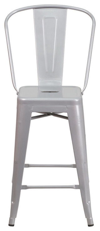 24" High Silver Metal Indoor-Outdoor Counter Stool With Back