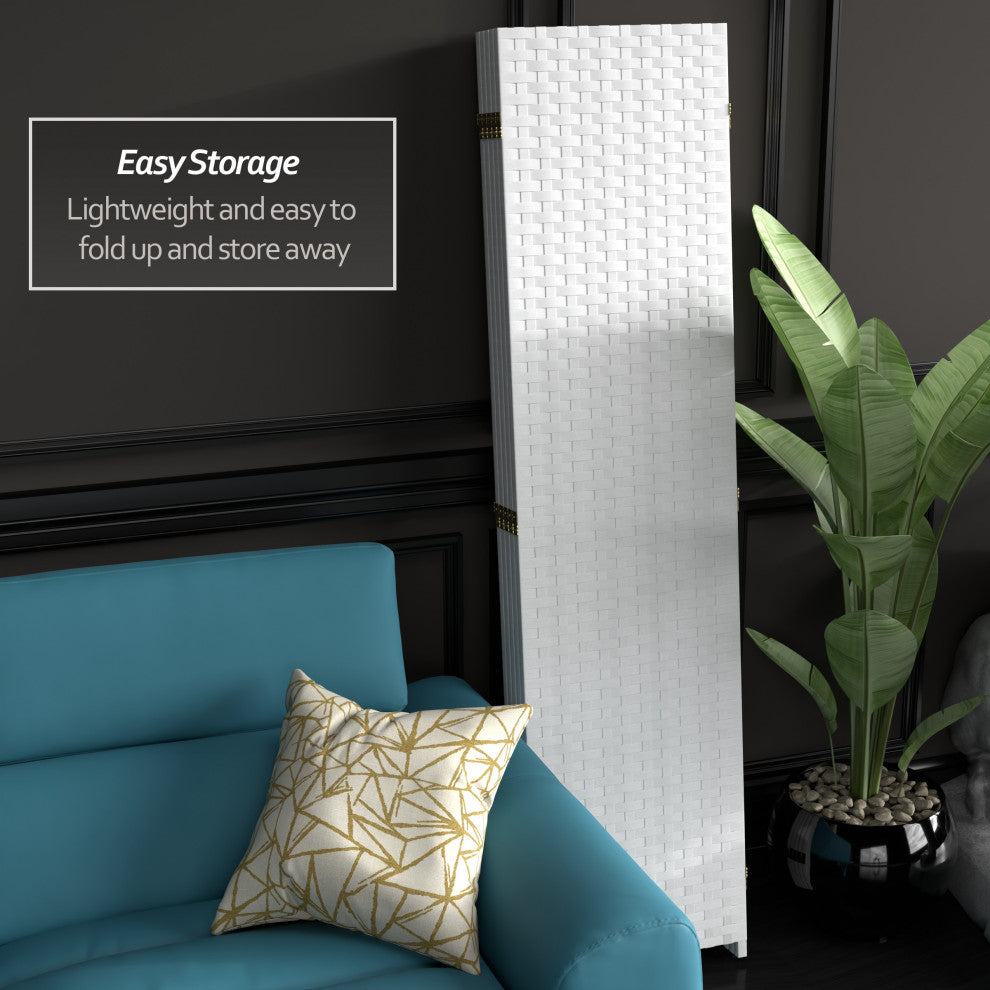 6' Tall Woven Fiber Room Divider, 5 Panel, White