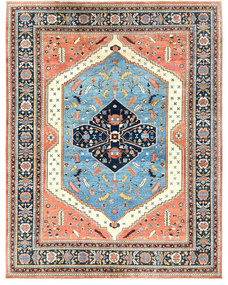 Light Blue Soft Wool Hand Knotted Serapi Heriz Design Rug, 9'0"x11'10"