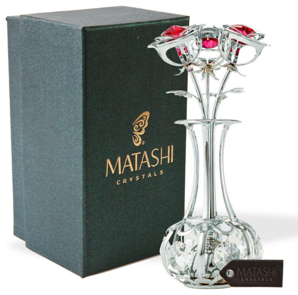 Chrome Plated Flowers Bouquet and Vase With Red and Clear Crystals Home Decor