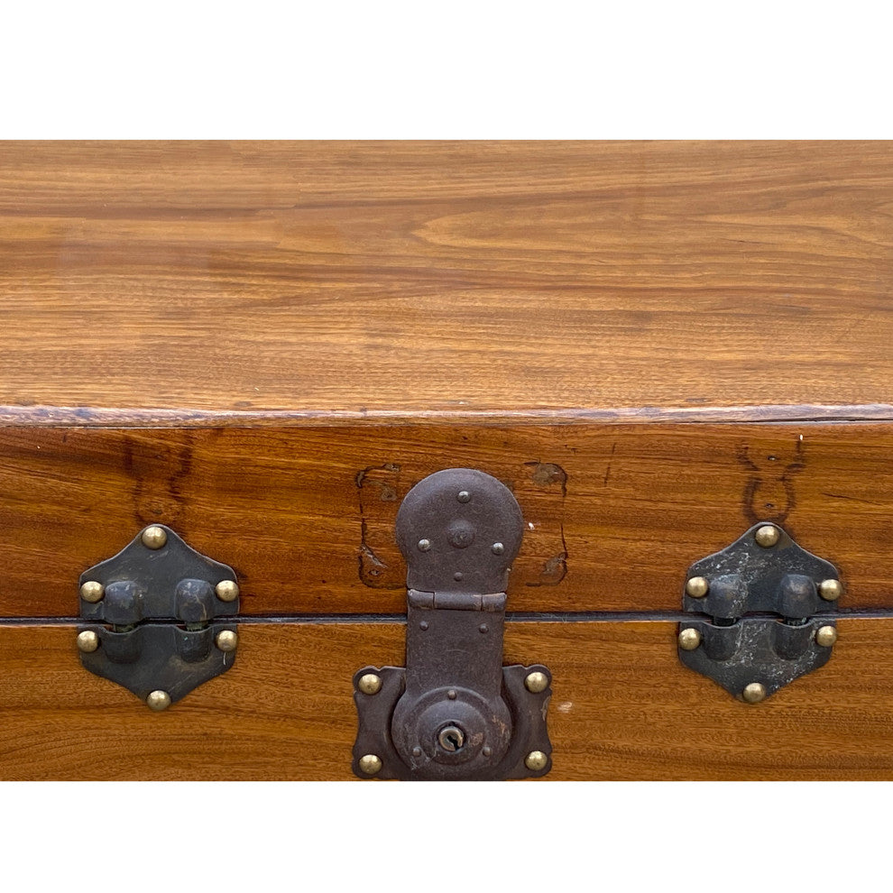 Vintage Oriental Chinese Brown Wood Iron Hardware Trunk Table Hcs7435