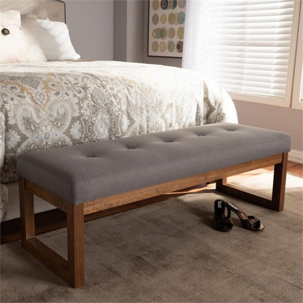 Caramay Gray Upholstered Walnut Brown Wood Bench
